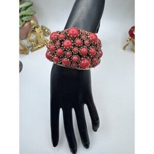 Zara Red Resin Accent Chunky Cuff Bracelet Gold Tone Open-Ended Design NWOT